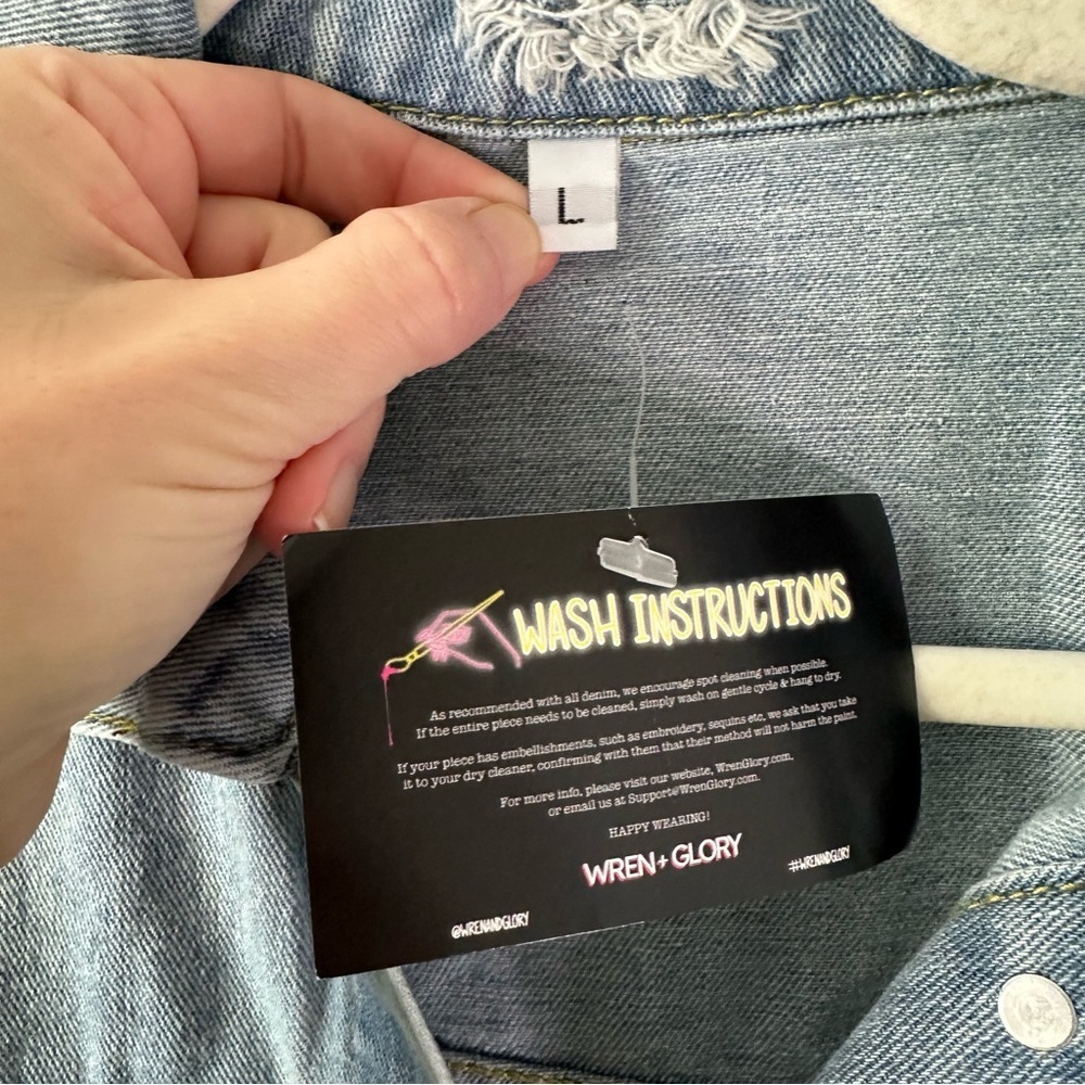 NWT WREN + GLORY Free people 'HUGS' Tequila DENIM JACKET SZ L - Picture 4 of 8